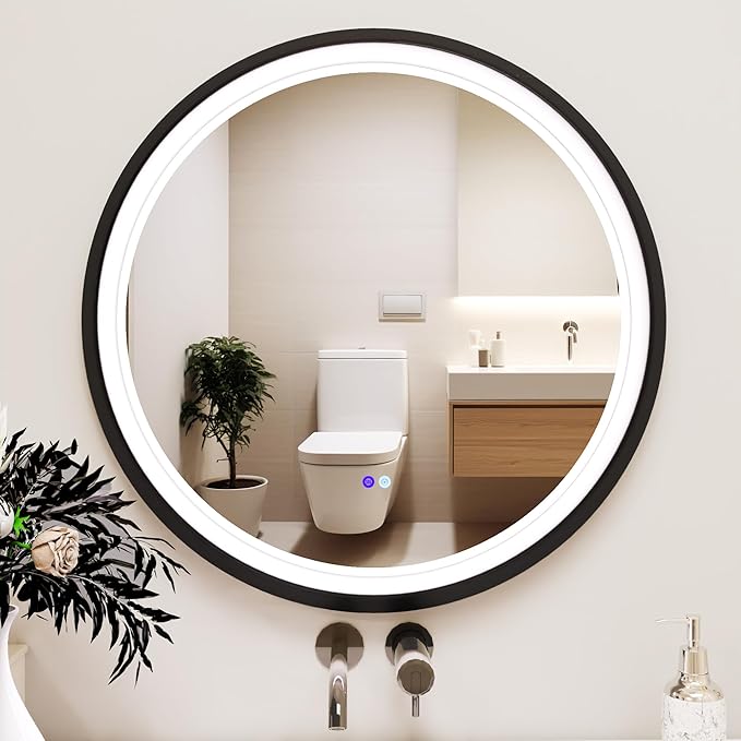36 Inch Round LED Mirror for Bathroom, Black Metal Frame Lighted Vanity Mirror with 3 Color Modes, Touch Dimmer - Anti-Fog Wall Mounted Circle Mirror with Lights - Fab Glass and Mirror