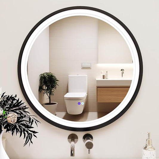 36 Inch Round LED Mirror for Bathroom, Black Metal Frame Lighted Vanity Mirror with 3 Color Modes, Touch Dimmer - Anti-Fog Wall Mounted Circle Mirror with Lights - Fab Glass and Mirror