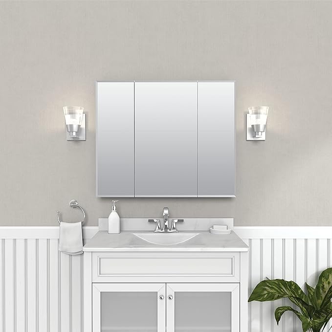 Zenith 29.75 in. W Beveled Tri-View Frameless Medicine Cabinet, Bathroom, White, Mirrored
