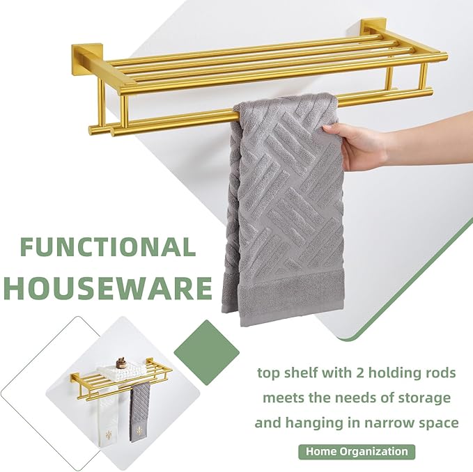 Angle Simple Towel Rack with Holder for Bathroom, SUS 304 Stainless Steel Wall Bath Towel Shelf with Double Bar, Brushed Dark Gold, 23.62 Inches