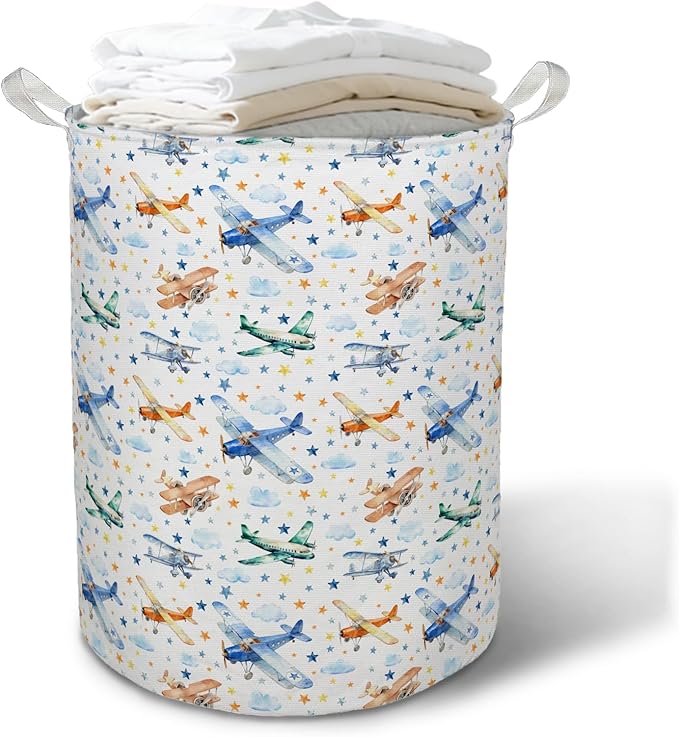 Retro Airplane Nursery Laundry Basket Hamper, Airplane Decor for Boys Room, Space Star Cloud Foldable Clothes Toys Books Storage Box Bins Baskets Organizer for Boys Kids Room Playroom
