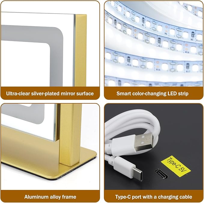 Vanity Mirror with Lights, 16"×12" LED Makeup Mirror, HD Professional Mirror, 10X Magnification, Smart Touch with 3-Color Lighting, Dimmable, 360° Rotation, Lighted Up for Makeup Desk, Bedroom (Gold)