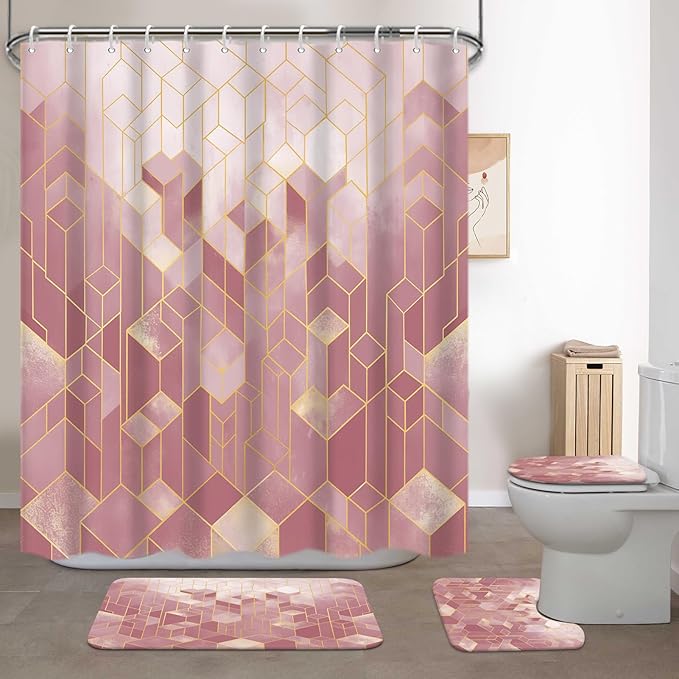 Lnond 4Pcs Bathroom Sets with Shower Curtain and Rugs, Pink Bathroom Shower Curtain Sets, Pink Gradient Modern Bathroom Decor Sets with Rugs and Accessories