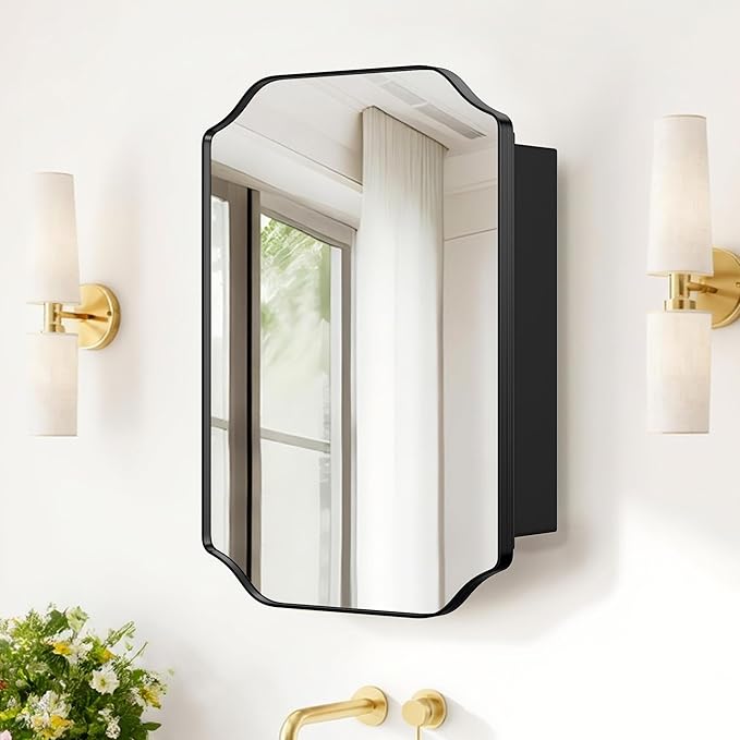 SogesHome Recessed Bathroom Mirror Medicine Cabinet with Storage, 15.7 x 23.6 Inch Wall Mounted Modern Octagon Vanity Organizer with Shelves, Space-Saving Elegant Bathroom Storage, Black
