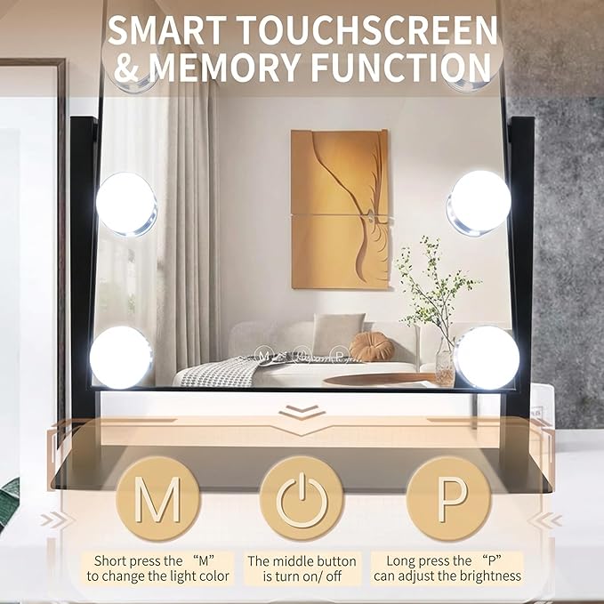 Makeup Vanity Mirror with Lights LED Makeup Mirror Detachable 10X Magnification, Hollywood Make Up Mirror with Lighting, Smart Touch, Rechargeable,360° Rotation, Black 13.77"x 11.81"