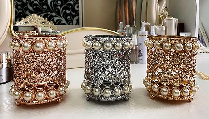 Gullor Handcrafted Pearls Makeup Brush Holder Organizer Eyebrow Comb Brushes Pen Pencil Cosmetic Storage Box for Vanity, Bathroom, Bedroom, Office Desk, Rose Gold