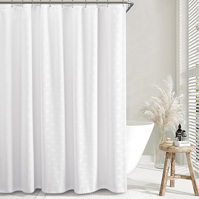 White Shower Curtain Boho Cotton Texture Mid Century Minimalist Arch Shower Curtain for Bathroom,72" W X 72" L