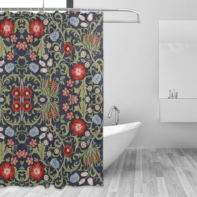 Boho Watercolor Floral Shower Curtain William Morris Design Heavy Duty Fabric Shower Curtain Set Bathroom Polyester Waterproof Shower Curtain 72x84 Inches(183x214cm), Style