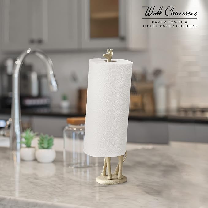 WallCharmers Gold Paper Towel Holder, Metal Toilet or Kitchen Paper Holder for Floor or Countertop, Gold Giraffe