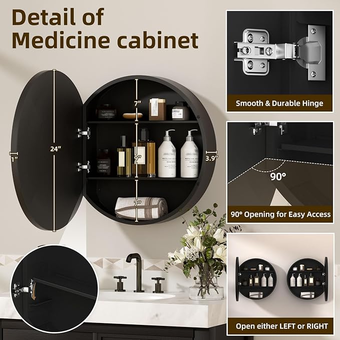 24 x 24 Inch Round Medicine Cabinet Mirror Black,Circular Bathroom Mirror with Storage Wall Mounted,Metal Framed Medicine Cabinets with Tempered Glass Adjustable Shelves for Bathroom Vanity