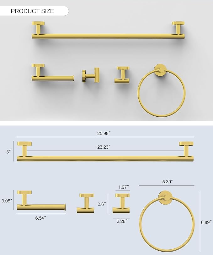 5 Pcs Brushed Gold Bathroom Accessories Hardware Set SUS304 Stainless Steel 26 Inch Towel Rack and Toilet Paper Holder Set Bath Towel Bar Set Wall Mounted for Bathroom Kitchen by HOMEMYSTIQUE