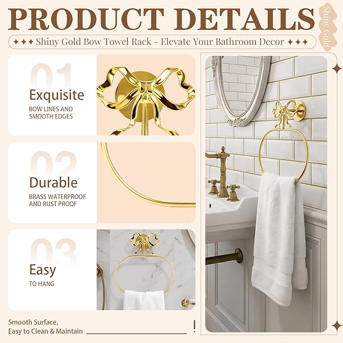Gold Bow Hand Towel Holder, Coquette Oval-Shaped Brass Towel Ring Bow Modern Girly Decorative Wall Mount Towel Racks with Hardware Accessories for Room Bathroom Kitchen Decor