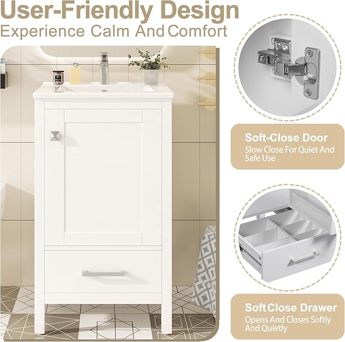 Virubi 20" Small Bathroom Vanity with Sink, Soft-Close Drawer and Door, Wood Modern Single Bathroom Sink Cabinet with Doors and Shelves, Adjustable Foot Pads, for Small Space (White)