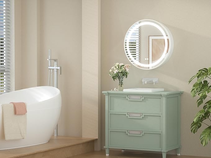 Keonjinn Round LED Medicine Cabinet 24 Inch, White Lighted Medicine Cabinet for Bathroom with Mirror, Circle, Electrical Outlet, 3 Color Lights, Anti-Fog, Dimmable, Surface Mount Only