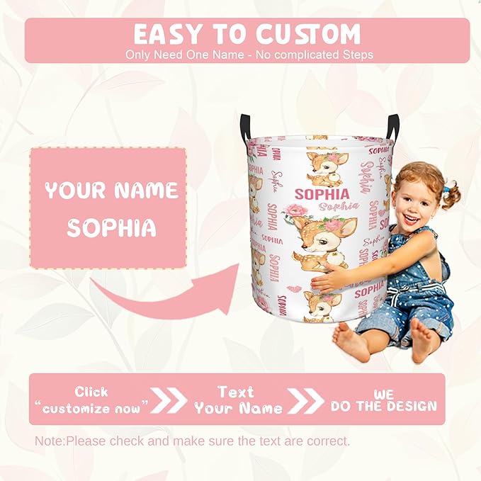 Personalized Deer Laundry Baskets, Custom Deer Gifts with Customized Name, Collapsible Laundry Hamper for Kids Adults Home Decoration,16.5 X 13.8in