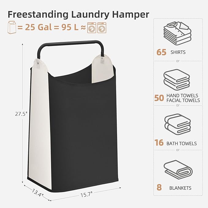STORAGE MANIAC Large Laundry Hamper with Sturdy Metal Handle, Collapsible Laundry Basket, Freestanding Waterproof Clothes Hamper for Laundry Room, Bedroom, Dorm, Towels, Toys, Black & White