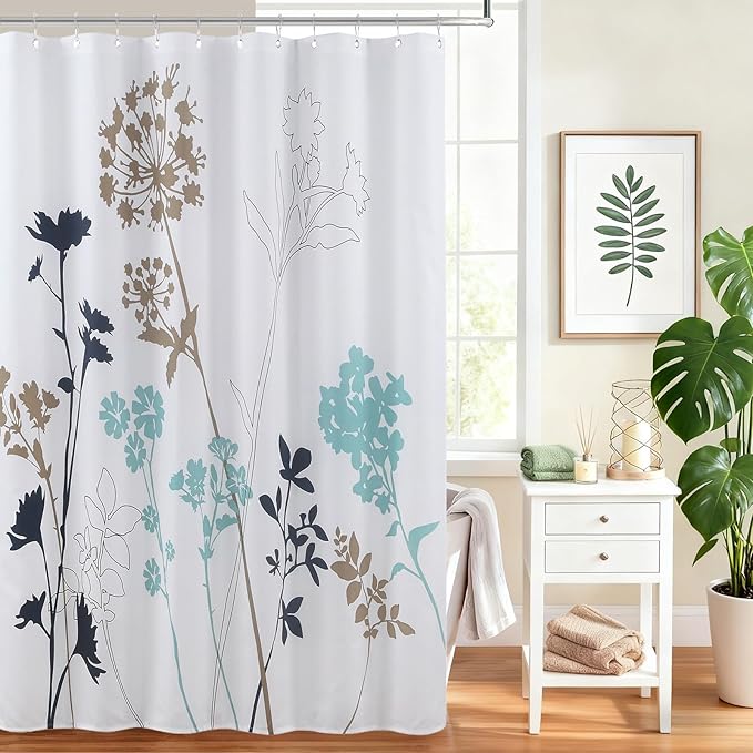 Silhouette Blue Flower Fabric Plants Printed Navy Fabric Shower Curtain,White Floral Bathroom Curtains,72" W x 72" L