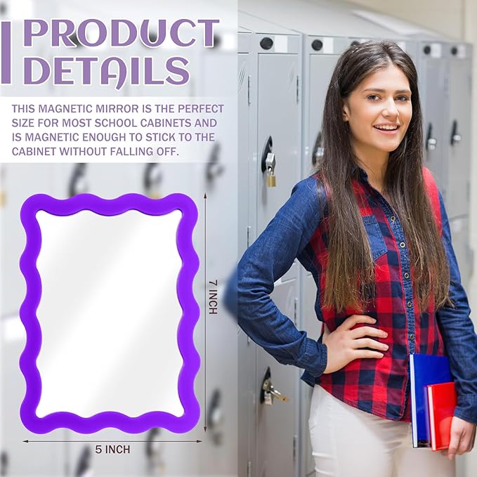 Leinuosen 1 Pcs Scalloped Magnetic Locker Mirror Small Real Glass Makeup Mirror with Magnetic Backing Cute Locker Decorations for Office Cabinet Lockers Accessories (5 x 7 Inch,Dark Purple)
