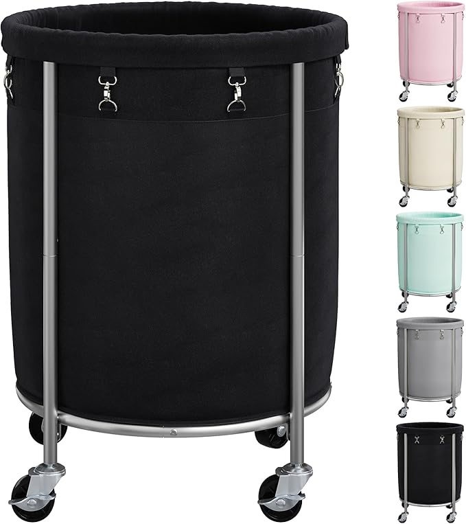 ELYKEN 190L Laundry Basket with Wheels, Large Rolling Laundry Hamper with Removable Liner Bag, Round Rolling Laundry Cart, Dirty Clothes Hamper for Hotel, Home, Closet, Dorm, Black
