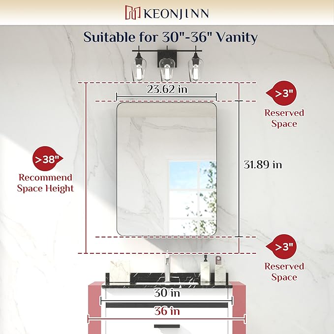 Keonjinn 24 x 32 Inch Chrome Recessed Medicine Cabinets, Bathroom Mirrored Medicine Cabinet, Silver Stainless Steel Framed, Adjustable Shelves, in Wall or Surface Mount, Sturdy & Heavy, Farmhouse