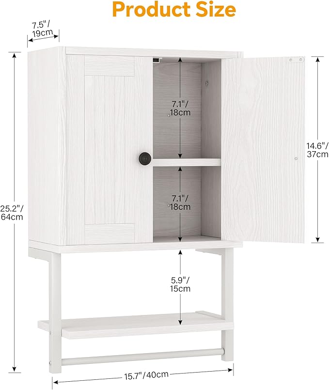 Homeiju Small Farmhouse Style Rustic Medicine Cabinet with Two Barn Doors, Wooden Wall Mounted Storage Cabinet with Shelf and Towel Bar for Bathroom, Living Room, Kitchen, White