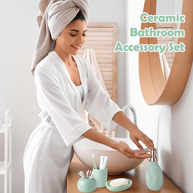 FoldTier 5 Pcs Ceramic Bathroom Accessories Set Includes Soap Dispenser Toothbrush Cup Holder Soapbox Holder Stylish Modern Bathroom Matte Glaze Decor(Green)
