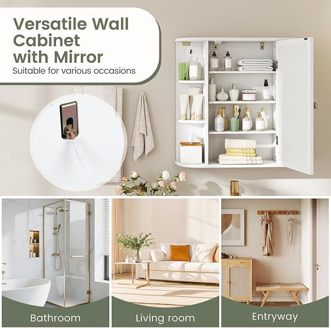 COSTWAY Medicine Cabinet with Mirror, Wall Mounted Bathroom Storage Cabinet with Mirror Door and Adjustable Shelves, Space-Saving Storage Organizer for Living Room Kitchen Entryway (White)