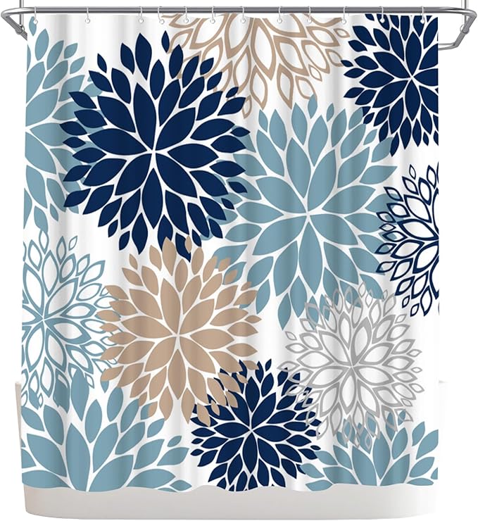 WELMECO Blue Shower Curtain Dahlia Flower Print Polyester Shower Curtain Bathroom Decor, 72x72inch (deep Blue,tan,Grey,White)