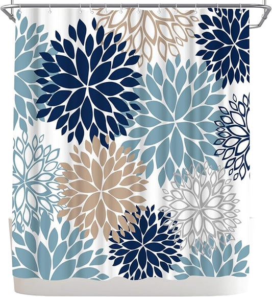 WELMECO Blue Shower Curtain Dahlia Flower Print Polyester Shower Curtain Bathroom Decor, 72x72inch (deep Blue,tan,Grey,White)