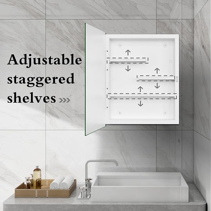 Fundin White Medicine Cabinet with 16 x 20 Beveled Mirror & Adjustable Staggered Shelves, Recessed or Surface Mount Bathroom Medicine Cabinet