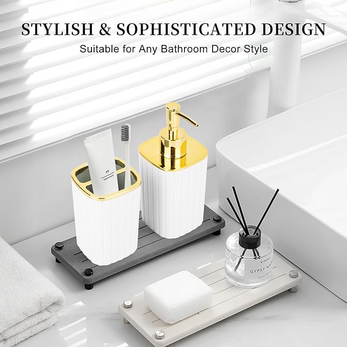 2PCS Bathroom Accessories Set, White and Gold Bathroom Accessories Include Soap Dispenser and Toothbrush Holder for Boho Bathroom Decor