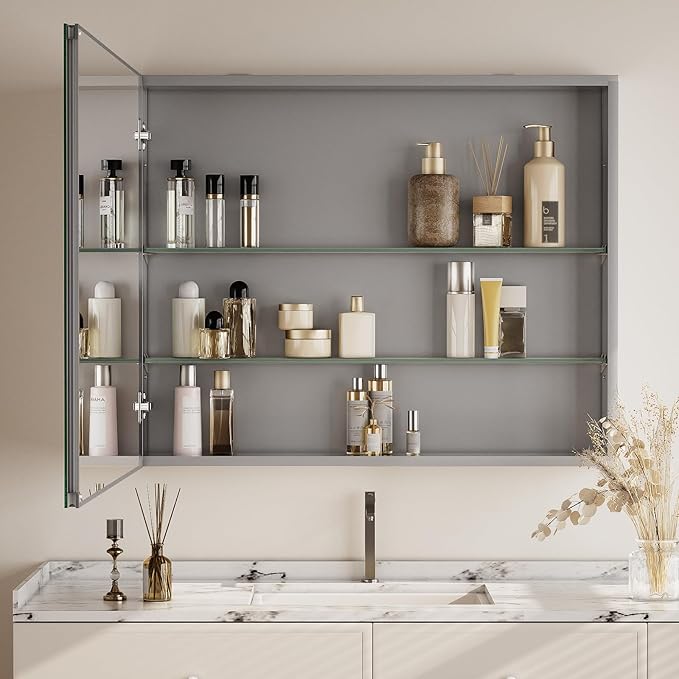 Bathroom Medicine Cabinet with Mirror, 30 Inch x 24 Inch Bathroom Mirror Cabinet with Single Door & Adjustable Shelves, Surface Mount or Recess Installation