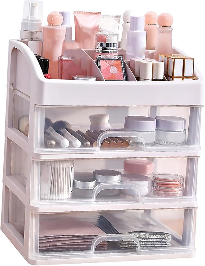 GOTOTOP 3 Tier Drawer Makeup Storage Box, Clear Plastic Cosmetic Organizer, Stationery Storage with Jewelry Drawer, Drawers
