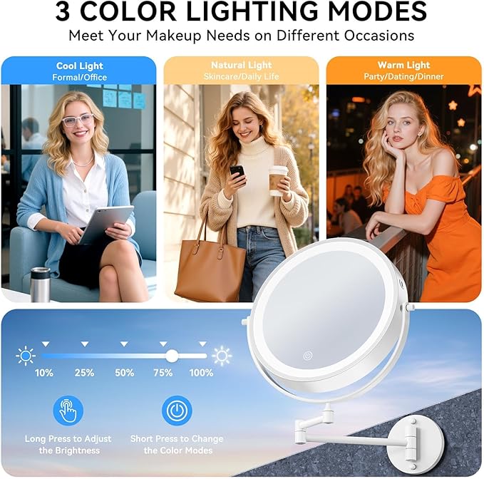 9'' 30X/1X Wall Mounted Lighted Makeup Mirror, 5000mAh Rechargeable Double-Sided Magnifying Mirror with Light, Bathroom Mirror Touch Dimmable 3 Colors 360° Rotation Extended Arm, Power Adapter
