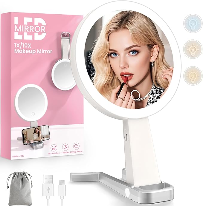 Makeup Mirror with Lights and Magnification, Double-Sided 10X Magnifying Mirror, Portable Lighted Makeup Mirror with 3 Color Lights, Rechargeable Make up Mirror 3 in 1 Tabletop, Handheld, Hanging