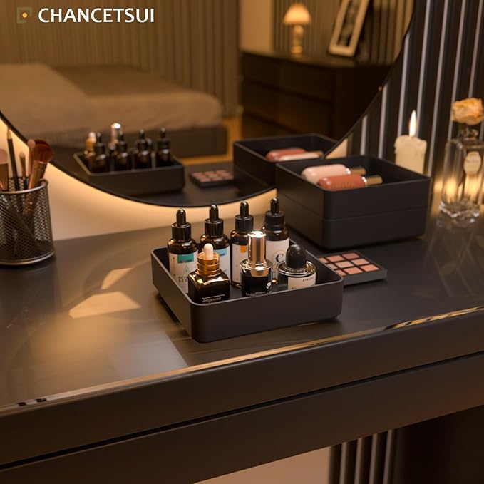 CHANCETSUI Black Stackable Vanity Organizer Trays: Thick Makeup Holder for Countertop, Shallow Drawers
