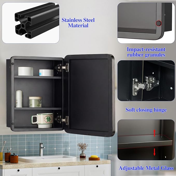 Bathroom Medicine Cabinet,20"x20" Square Mirror Door with Stainless Steel Frame,Recessed & Surface Wall Cabinet with Glass Shelves, Rust-Resistant Bathroom Storage Cabinet