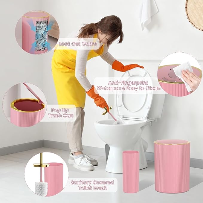 Light Pink Bathroom Accessories Set - Bathroom Sets, 25PC Bath Accessory Set, Bathroom Sets with Push Top Trash Can, Shower Curtain and Rugs, Toilet Brush, Trash Can & Soap Dispenser