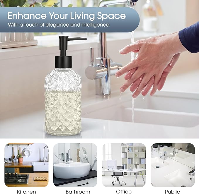 Topsky Gem Glass Soap Dispenser with Black Plastic Pump, 13oz Liquid Hand Soap Dispenser, Rustproof Pump for Kitchen & Bathroom, Great for Lotions, Essential Oil, Liquid Soaps-Clear
