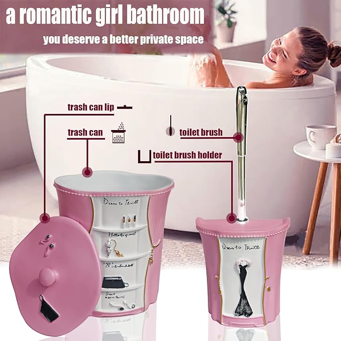 LUANT 6 PCS Bathroom Accessories Including Soap Dispenser, Soap Dish, Tumbler, Teethbrush Holder, Trash Can and Toilet Brush, Decoration for Girl's Bathroom, Countertop Oragnizer, Pink