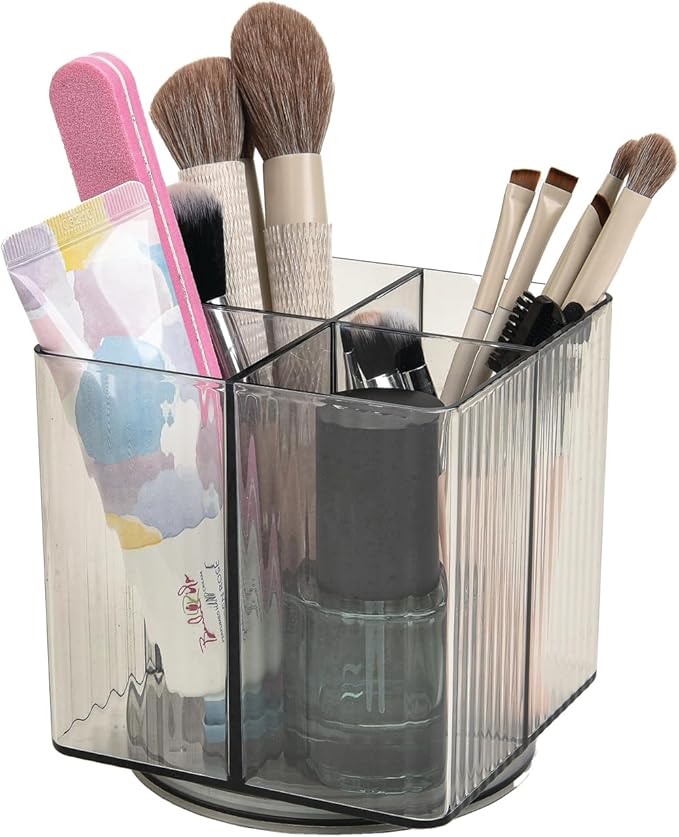 Trio Essentials Square Rotating 4 Compartment Cosmetic & Beauty Organizer, Brush Holder, Makeup, Jewelry, Office Desk Accessories, Cutlery, Vanity Holder, Art Supplies, Household Organization (1 Pack)
