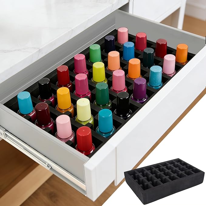 Nail Polish Drawer Organizer, Nail Polish Organizer Holder Foam Pad with Slots for Storage 28 Bottles Nail Polish or Essential Oil for Counter Vanity Dresser Desk Drawer