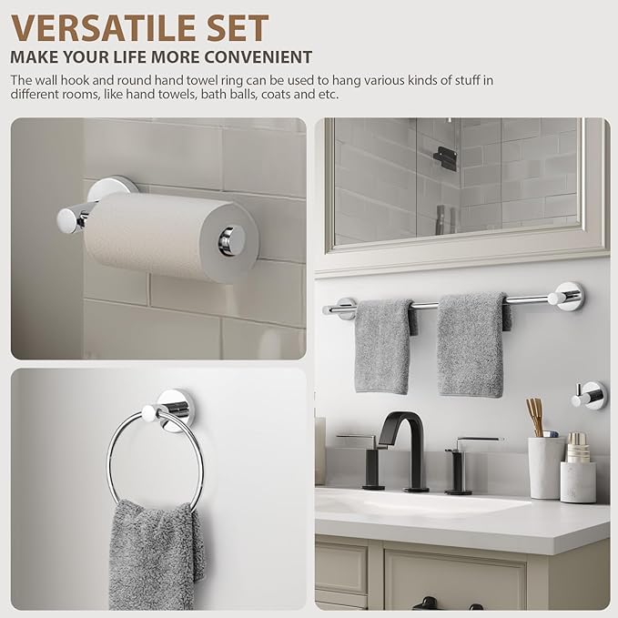 Bathroom Hardware Set 4 Piece – 24 Inch Towel Bar Set,Rustproof Stainless Steel Bathroom Accessories Kit with Towel Ring, Toilet Paper Holder & Robe Hook, Wall Mounted Bathroom Fixtures Set