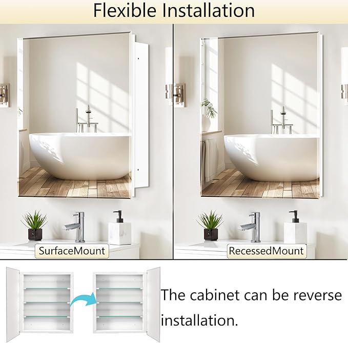 28"x28" Medicine Cabinet,HD Bathroom Mirror Cabinet with Beveled Mirror,Removeable Shelves, Recessed and Surface Mount,Frameless Bathroom Mirror with Storage