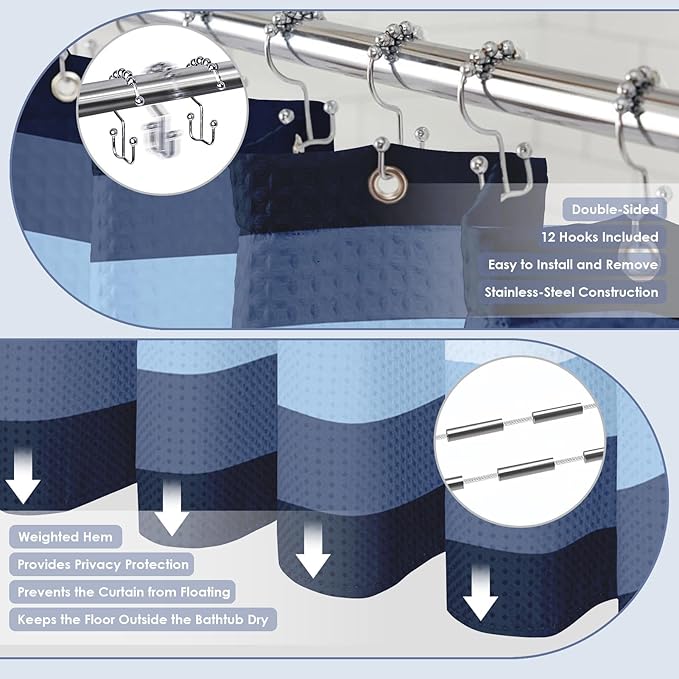 Britimes Navy Blue Stripes Bathroom Sets with Shower Curtain and Rugs, Modern Minimalist Ombre Waterproof Shower Curtain Liner and Soft Non Slip Bath Mat for Bathroom Decor and Accessories Hooks