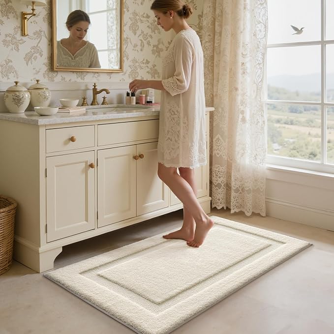 LUMI Ultra Soft Bathroom Rugs Non Slip with Rubber Backing, Absorbent Washable Bath Mat Quick Dry, Upgraded Premium Microfiber Plush Carpet for Bathtub and Shower Floor, Ivory White, 24x36