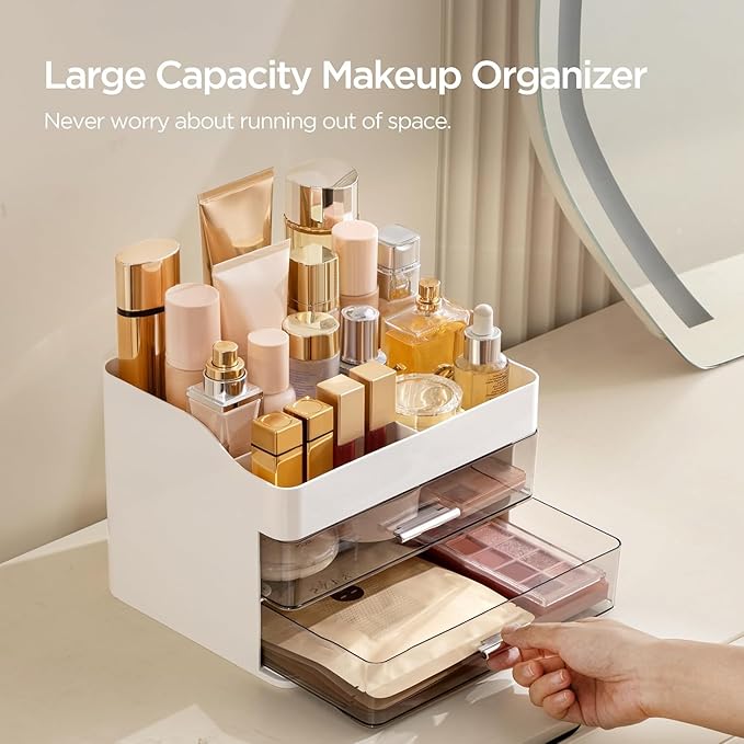 Makeup Organizer with Sliding Drawers,2-Layer Acrylic Cosmetic Storage Box with Divider Top,Vanity Table Skincare Display Case for Bathroom Bedroom