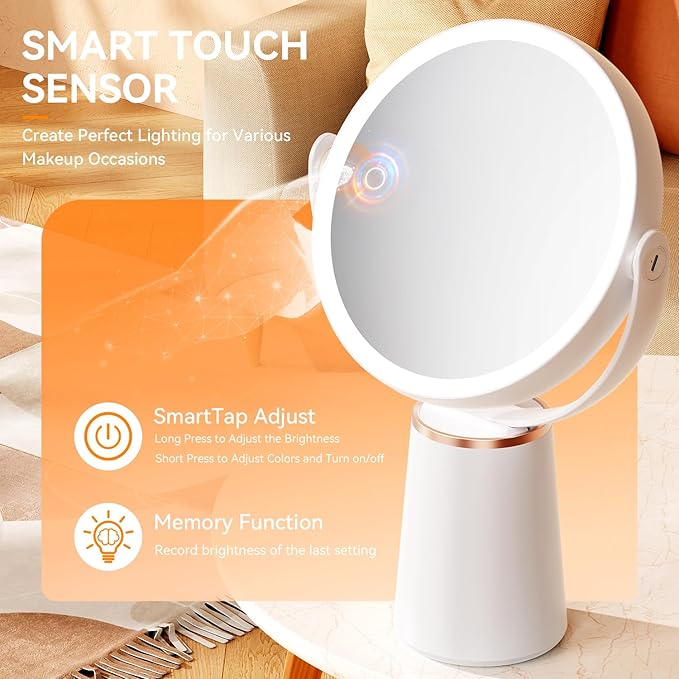 Auxmir Makeup Mirror with Lights, Double Sided 30X/1X Magnifying Mirror, 3 Color Stepless Dimmable Mirrors with Touch Screen, 2000 mAh Rechargeable 360° Free Standing Vanity Mirrors for Women