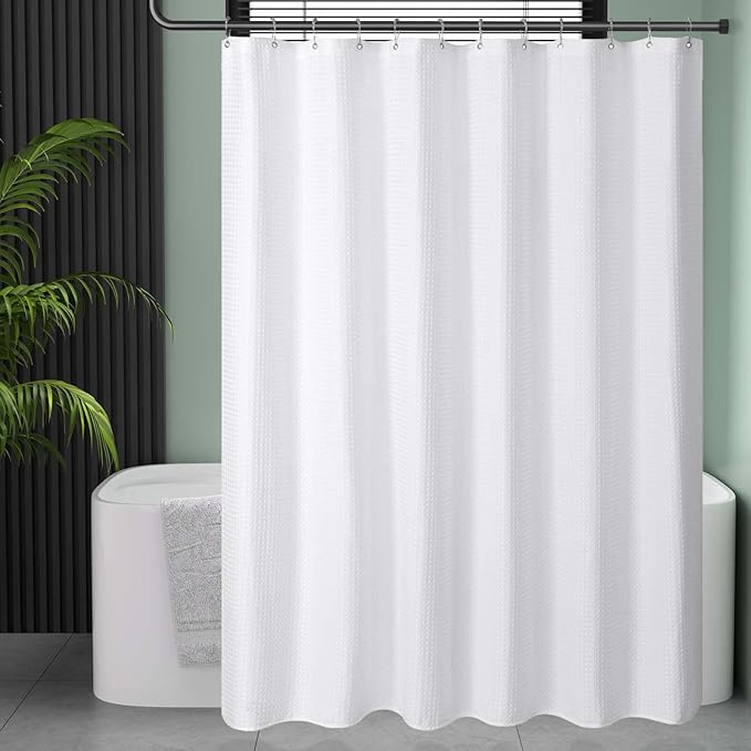 AmazerBath Extra Long Shower Curtain 96 Inches Long, Waffle Shower Curtain White Extra Long, Fabric Shower Curtains for Bathroom, Heavy Duty 240G Waffle Textured, 72x96 Inches