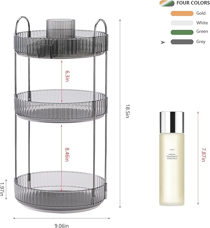 YCIA&DONE Rotating Makeup Organizer for Vanity, Large Capacity Make Up Storage Skin Care Shelf Perfume Holders Cosmetic Dresser Organizer Countertop Spinning 360 (Smoky Gray, 3Tiers)